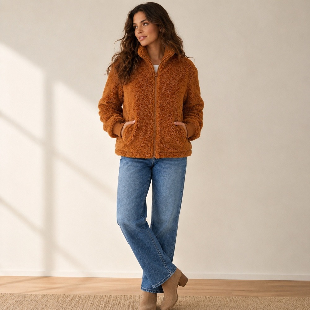 J.Crew Womens Teddy Fleece Full Zip Jacket Caramel Brown Small Cozy Cabin